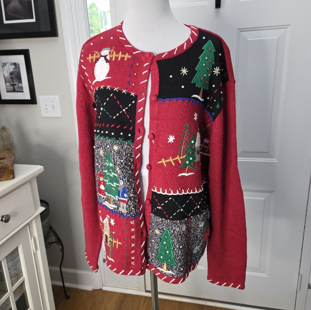 Erika‎ Red and Green Holiday Knit Sweater Size XL